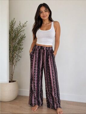 Joe B Rayon Black and Pink Patterned  BOHO Festival Beachy Wide Leg Pants SZ M